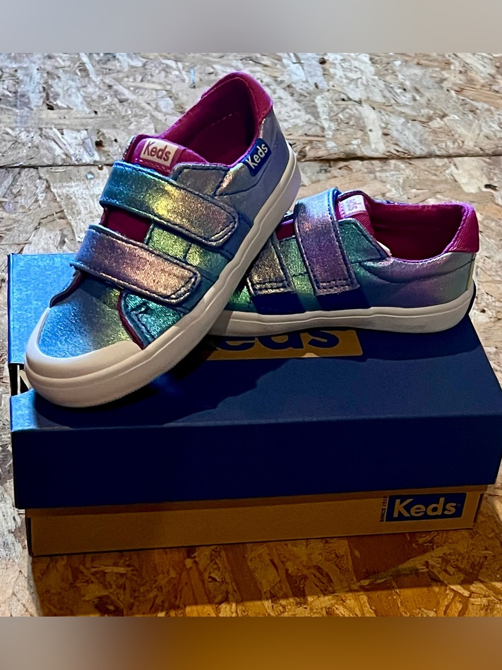 NIB Keds Kids Iridescent Velcro Sneakers in Pink and Blue